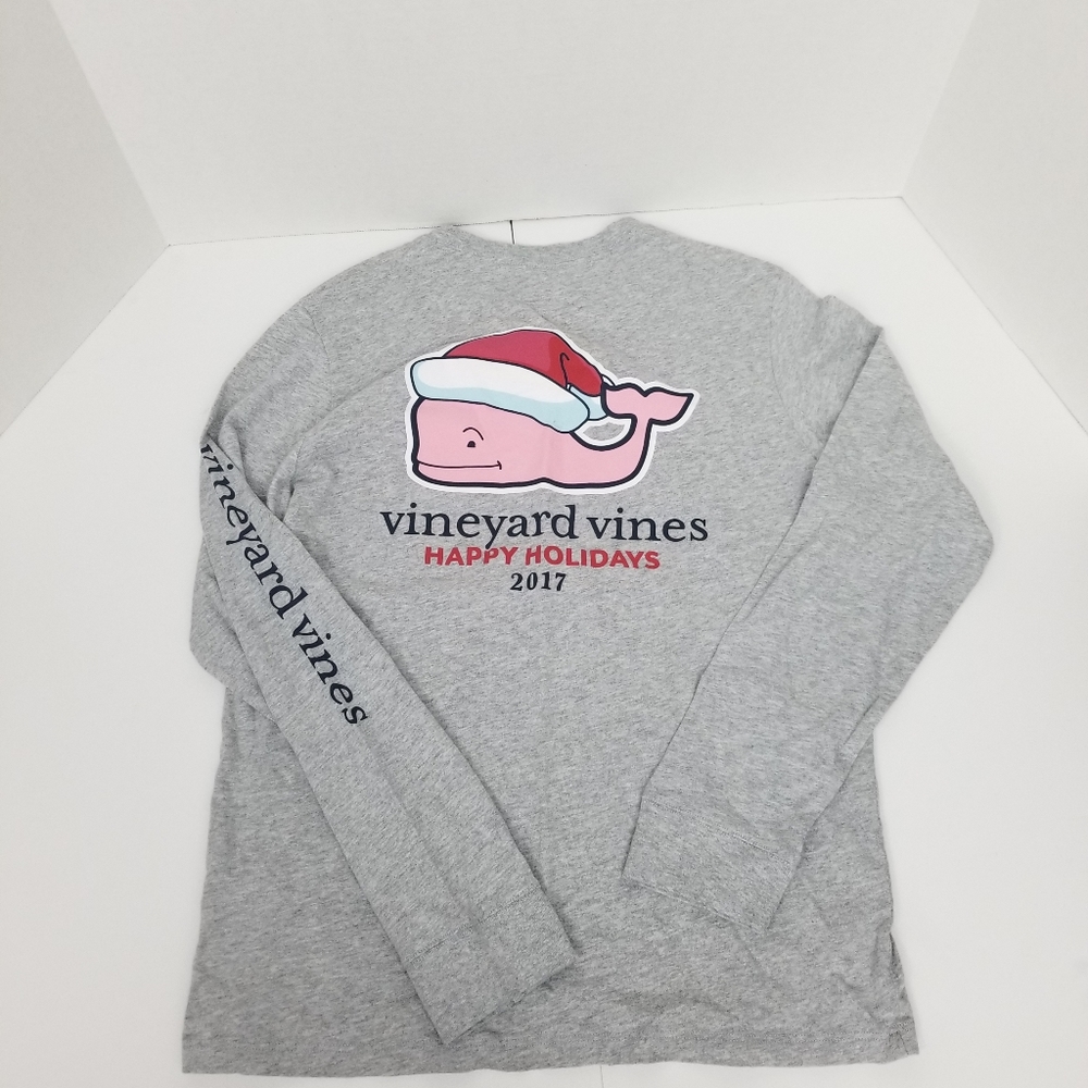 NEW Vineyard Vines Boys L 14 Merry Christmas Santa Hat Whale Pocket Tee Gray